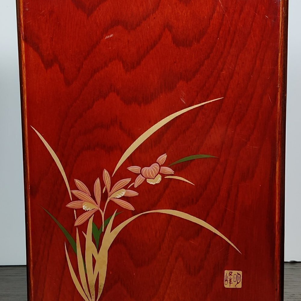 Pencil Art Box Japan, Handpainted in Gold Leaves & Pink Lillies Mahogony Wood